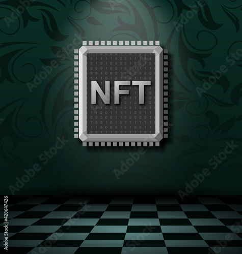 NFT non-fungible token. Crypto art on gallery wall. Pay for unique collectibles in art