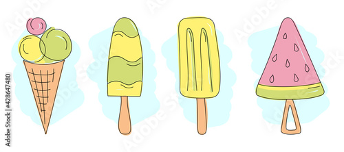 Summer set of different types of ice cream in the style of doodle, bright colors - yellow, green and pink, icons for website design, social networks, presentations, flyers, banners