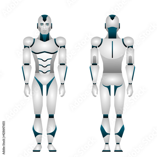 Futuristic robot man, humanoid full body on white background