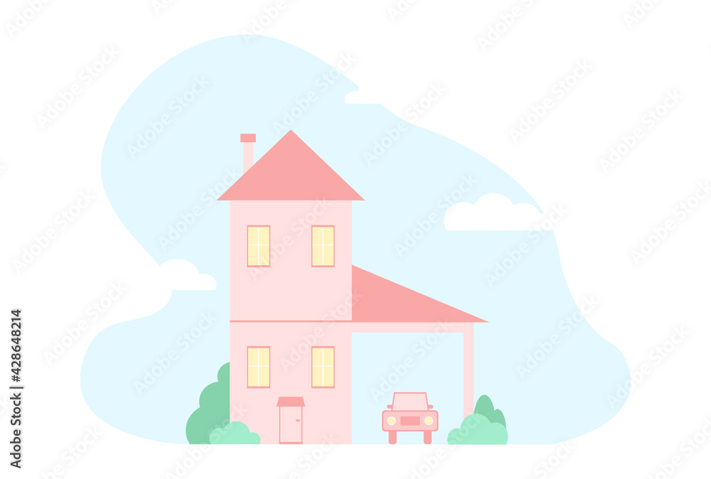 A two-story house with a car and a garage shed, vector illustration in the style of flat, pink with trees and plants on the background of the sky with clouds, a simple theme for the design of the site