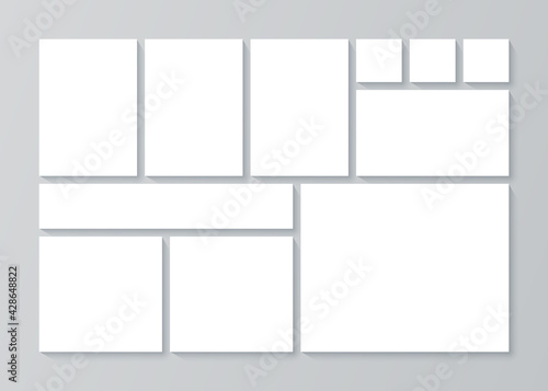 Photo collage template. Moodboard background. Vector. Mosaic frame banner. Mood board. Picture grid. Photography album layout. Minimalistic illustration. Branding presentation. Horizontal mockup