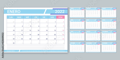 Spanish calendar for 2022 year. Planner template. Vector. Week starts Monday. Table schedule grid. Calender layout with 12 month. Yearly organizer. Horizontal monthly diary. Simple illustration