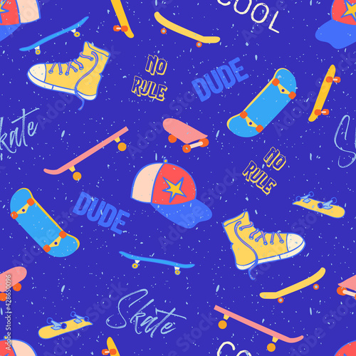 Cool Skateboard Sports Objects Vector Seamless Pattern