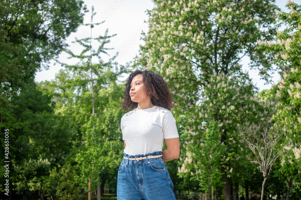 Curly-haired black woman looking out of field with a background of green trees. Curly-haired black woman looking out of field with a background of green trees.