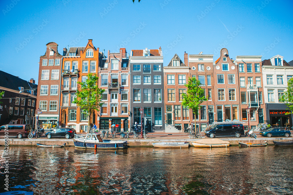 Traditional dutch medieval houses in Amsterdam capital of Netherlands