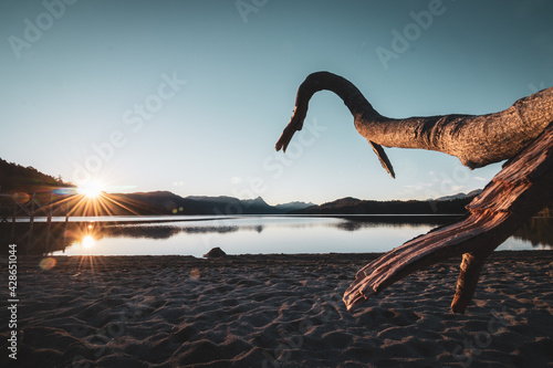 Sunset on Espejo lake beach in Patagonia Argentina  on the way to the 7 lakes.