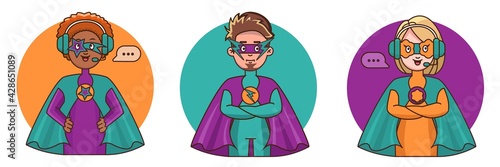 Cartoon super hero character. Vector cute kawaii set superheros emojis isolated