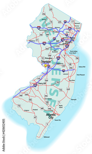 Vector map of the state of New Jersey and its Interstate System.