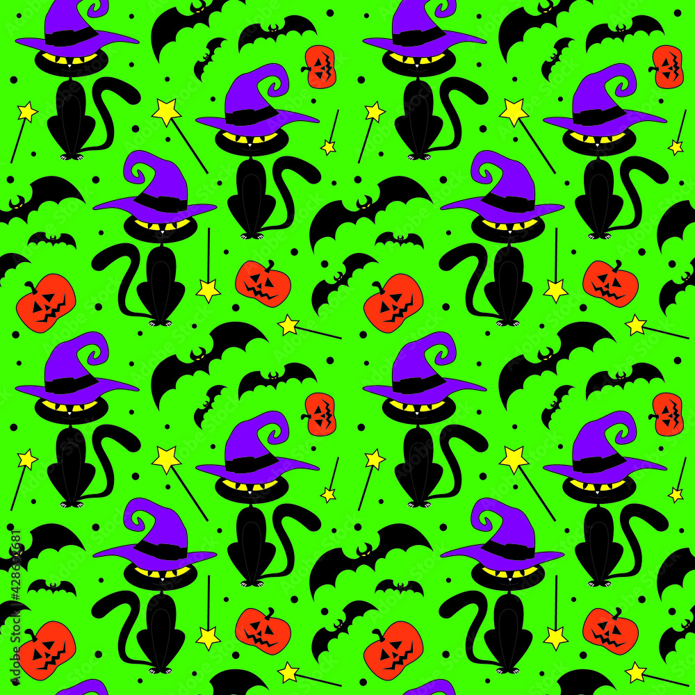 Fototapeta premium Black and colorful wizard cats, bats, pumpkins on green background seamless pattern. Vector halloween illustration.