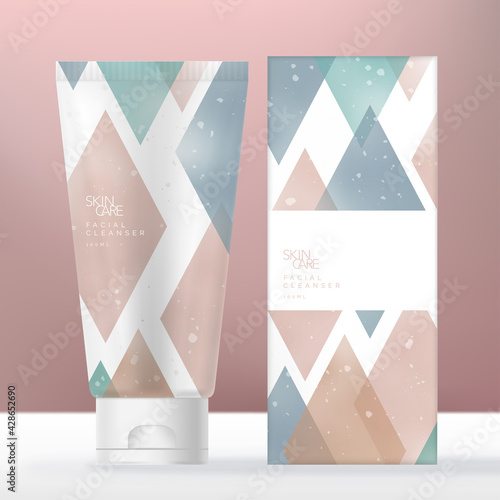 Vector Hand Cream or Facial Cleanser Beauty , Health or Medical Tube Packaging with Pastel Diamond Print Pattern.