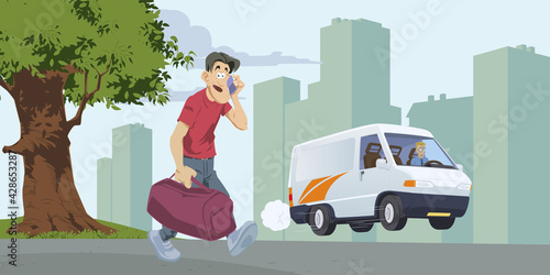 Male hurries to work. Guy talks on phone. Illustration for internet and mobile website.