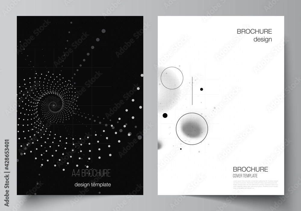 Fototapeta premium Vector layout of A4 cover mockups templates for brochure, flyer layout, booklet, cover design, book design. Abstract technology black color science background. Digital data. Minimalist high tech.