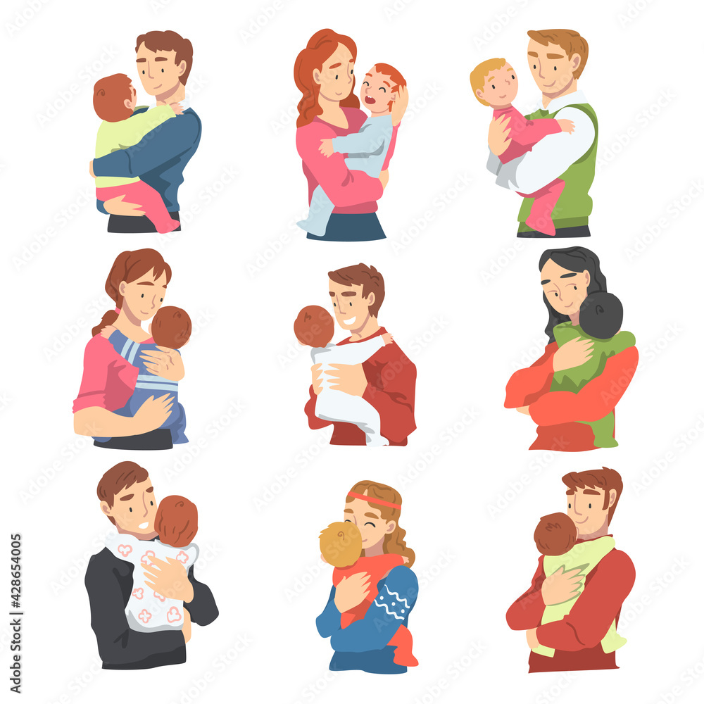 Young Moms and Dads Hugging their Toddler Babies Set, Parenting and Kids Care Cartoon Vector Illustration