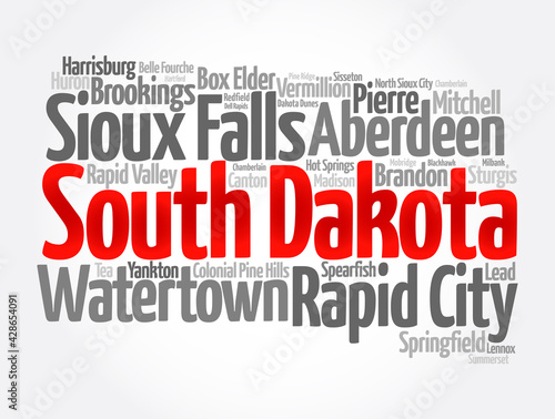 List of cities in South Dakota USA state, map silhouette word cloud map concept background photo