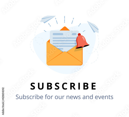 Vector banner of email marketing. Subscription to newsletter, news, offers, promotions. A letter in an envelope.