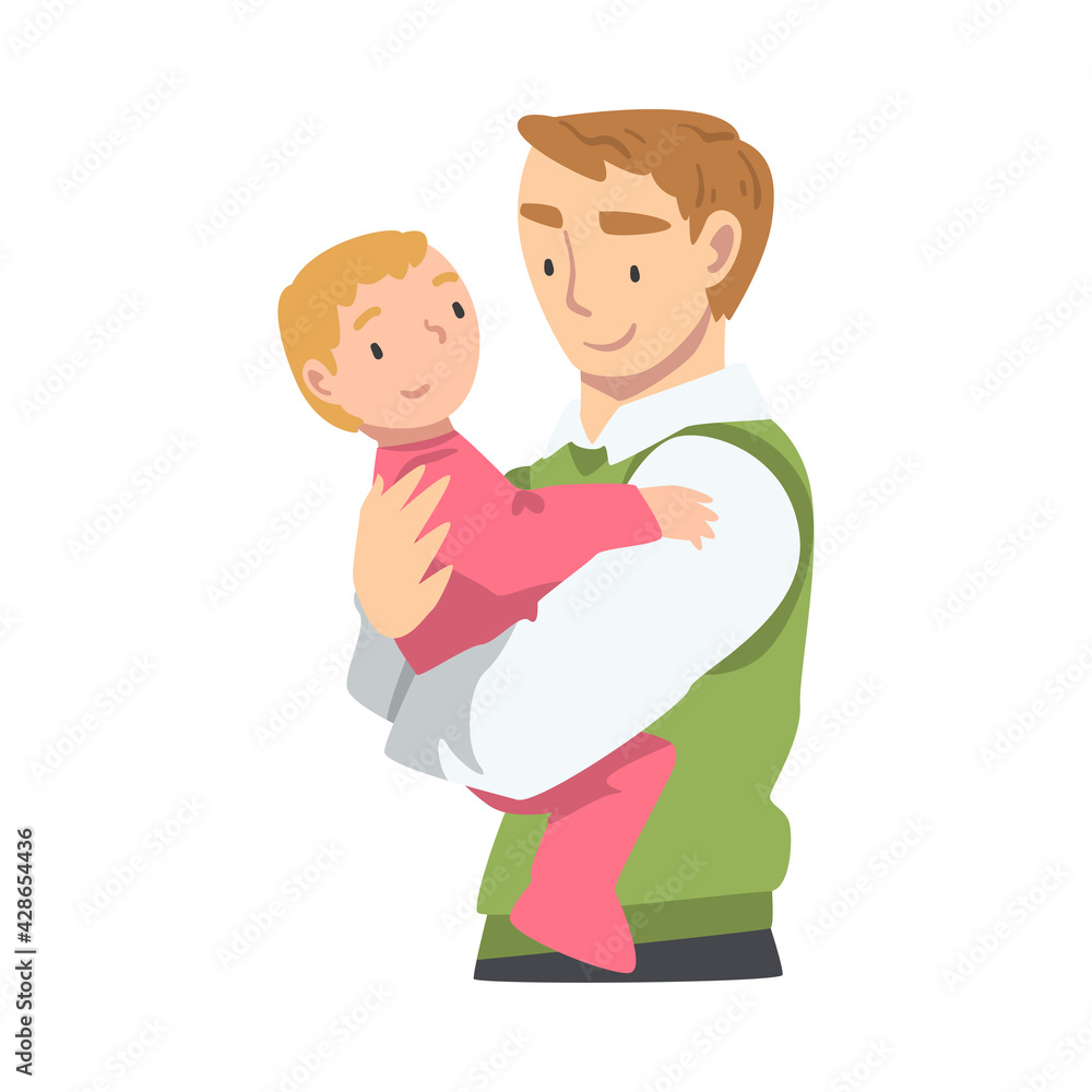 Cheerful Father Holding his Baby Daughter in his Arms, Happy Parenting, Fatherhood and Kids Care Cartoon Vector Illustration Cheerful Father Holding his Baby Daughter in his Arms, Happy Parenting, Fatherhood and Kids Care Cartoon Vector Illustration