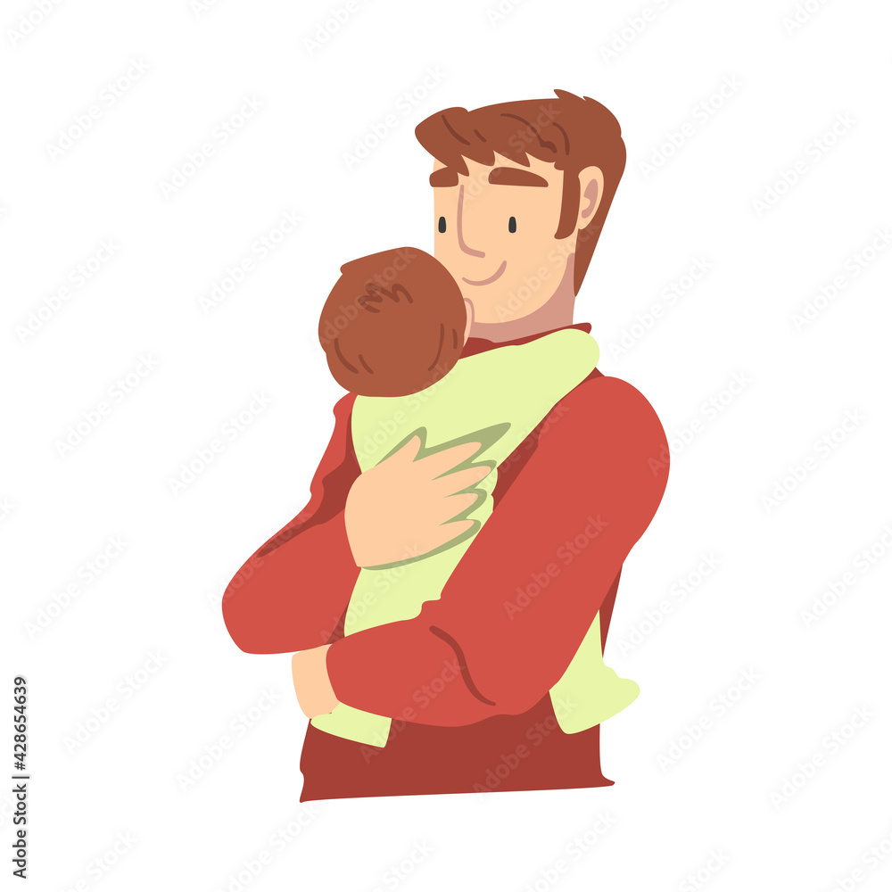 Happy Young Dad Hugging his Baby, Parenting, Fatherhood and Kids Care Cartoon Vector Illustration