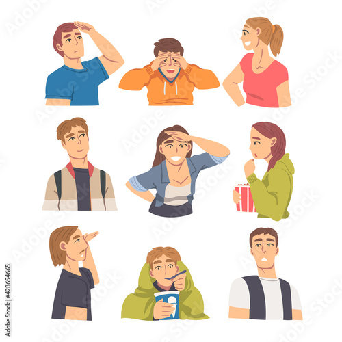 People Looking in Different Directions Set, Young Men and Women Looking at Something with Various Face Expression Cartoon Vector Illustration