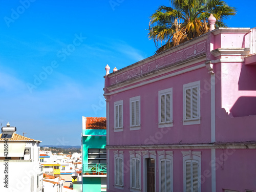 Beautiful cityscape of the city of Lagos, Algarve, Portugal with a pink house