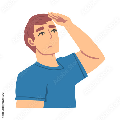 Young Man Looking Up with his Hand above His Eyes Cartoon Vector Illustration