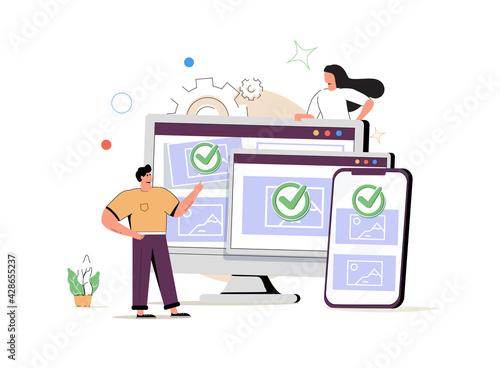Web development abstract concept vector illustration set. Microsite interface, cross-browser compatibility, 404 error.