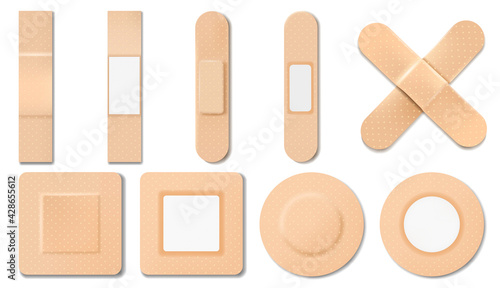 set of elastic medical plaster or adhesive plaster. Plasters isolated on a white background. Wound plasterer or bandaged patch, realistic on white background, 3D vector