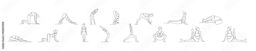 Yoga set, women's fitness yoga concept vector health illustration continuous line drawing Yoga set, women's fitness yoga concept vector health illustration continuous line drawing