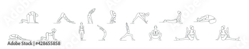 Yoga set, women's fitness yoga concept vector health illustration continuous line drawing