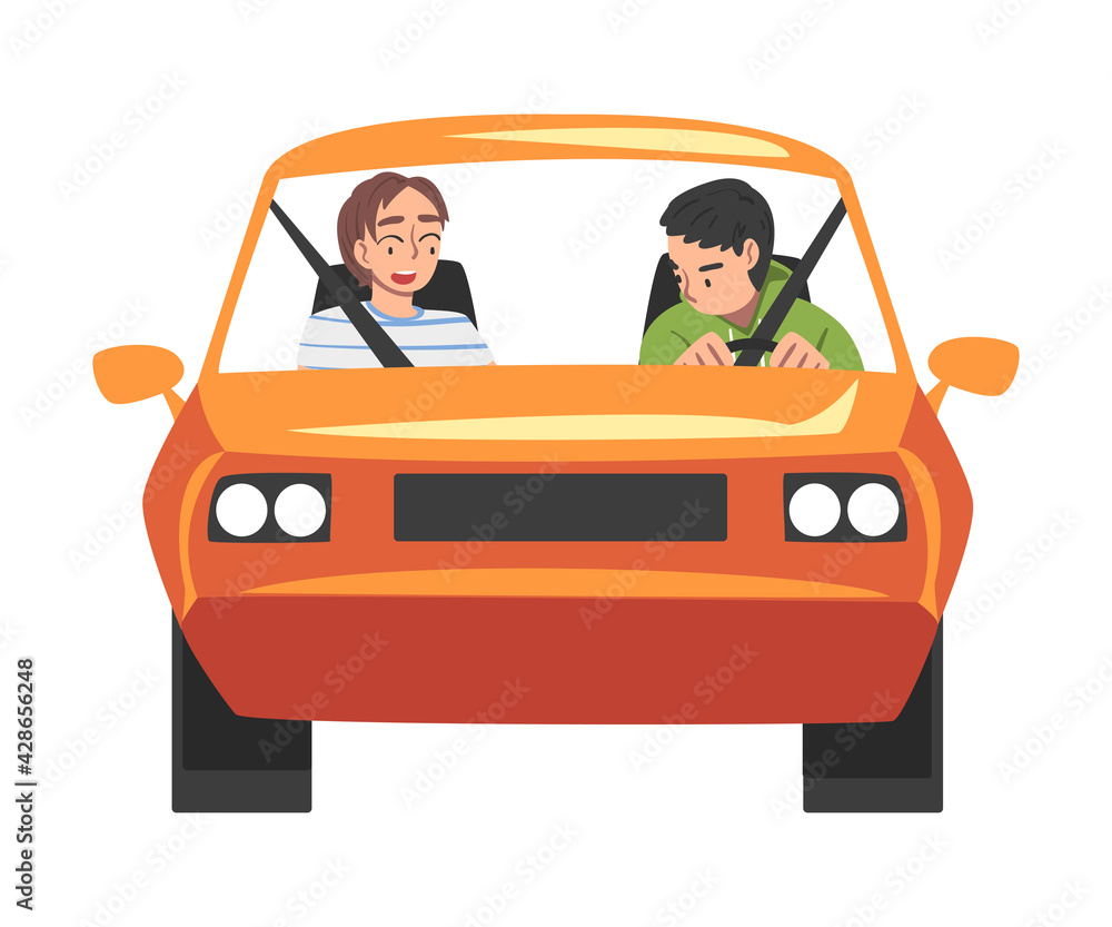  Front View of People Riding Orange Car, Male Driver Driving Vehicle and Illustration 