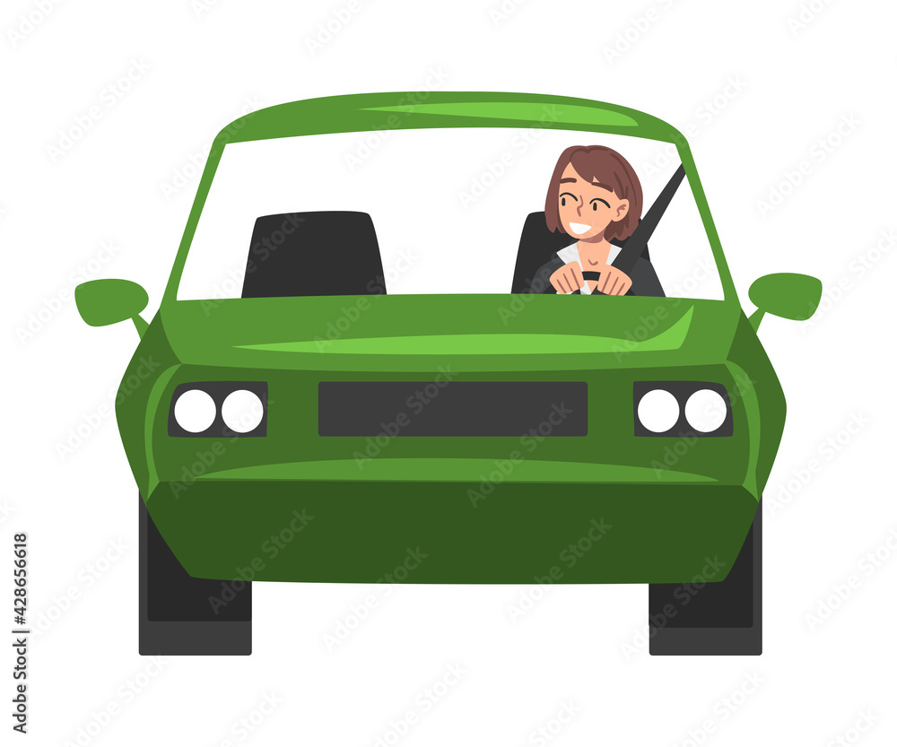 Young Woman Riding Green Car, Front View of Cheerful Girl Driver Driving Vehicle Cartoon Vector Illustration