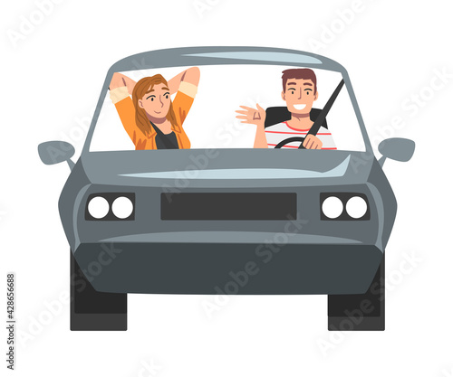 People Riding Dark Gray Car, Front View of Male Driver Driving Vehicle and his Friend Sitting in Passenger Seat Cartoon Vector Illustration
