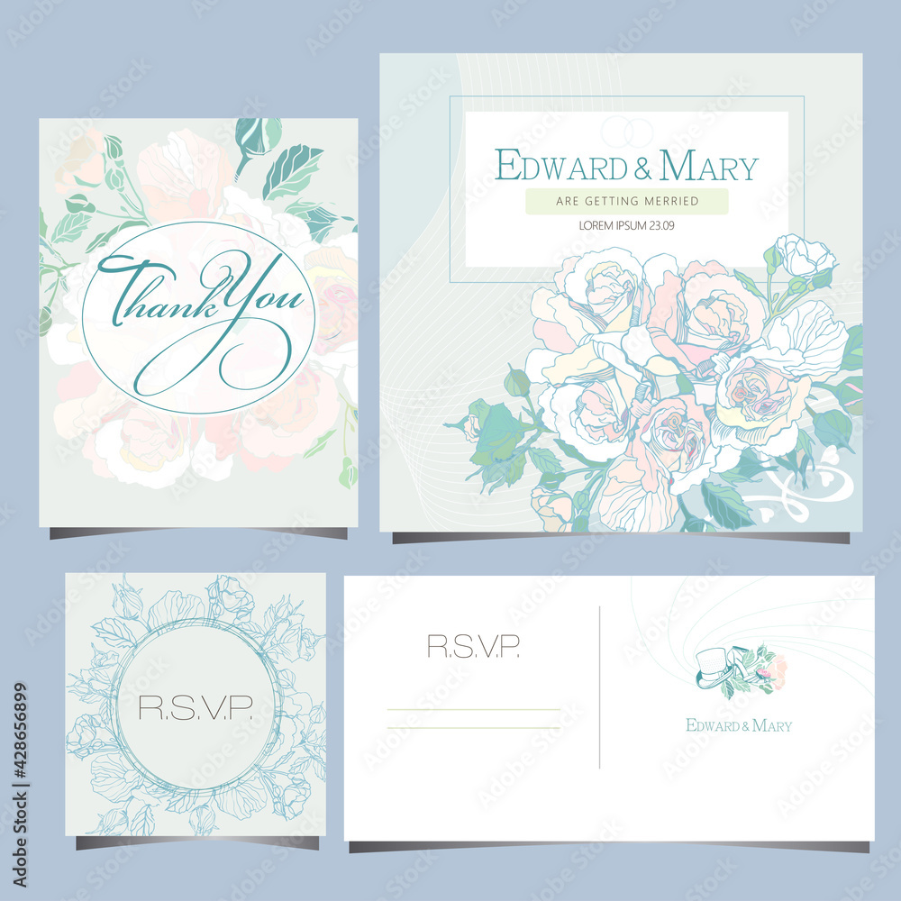 wedding invitation with roses flowers in pastel colors, rsvp, thank you card