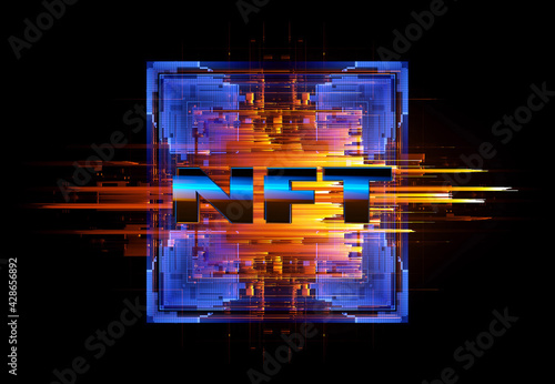 Crypto currency. Abstract effect. Future tech. NFT non-fungible token. .Digital cryptoart. Shine grid. Neon flare. Quantum computer. .Magic code. Grid HUD lines. Web device. 3d rendering. QR code