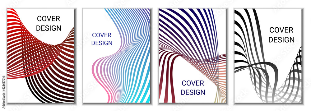 A set of 4 abstract covers. Wavy parallel gradient lines, ribbons evolve. Cover design, background. Trendy banner, poster. A set of 4 abstract covers. Wavy parallel gradient lines, ribbons evolve. Cover design, background. Trendy banner, poster.