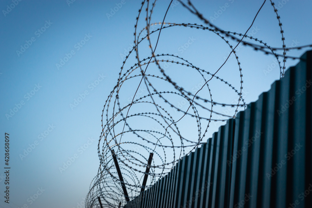 A fence with a stretched barbed wire. Secret area. A fence with a stretched barbed wire. Secret area.