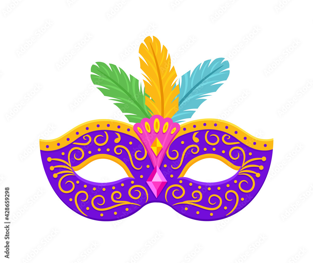 Mardi Gras mask with feathers isolated on white background. Vector flat illustration.