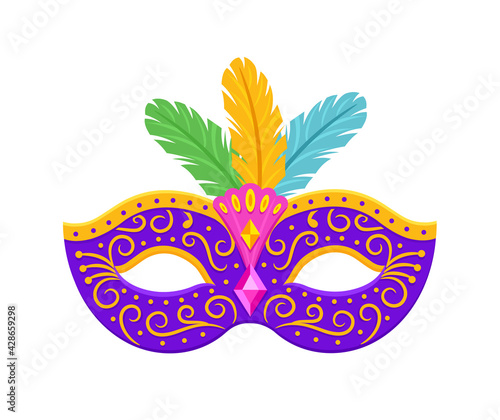 Mardi Gras mask with feathers isolated on white background. Vector flat illustration.