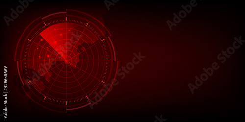 Digital red realistic radar screen background. Abstract radar with targets. Military search system. Vector illustration.