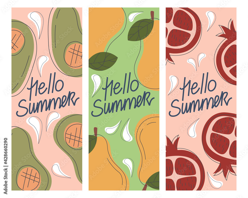 Vector set of summer greeting cards, banners, hello summer cover template, fruits. Avocado, pear, pomegranate on handwritten postcards. Brochure design in a flat style with lines. Vertical format.