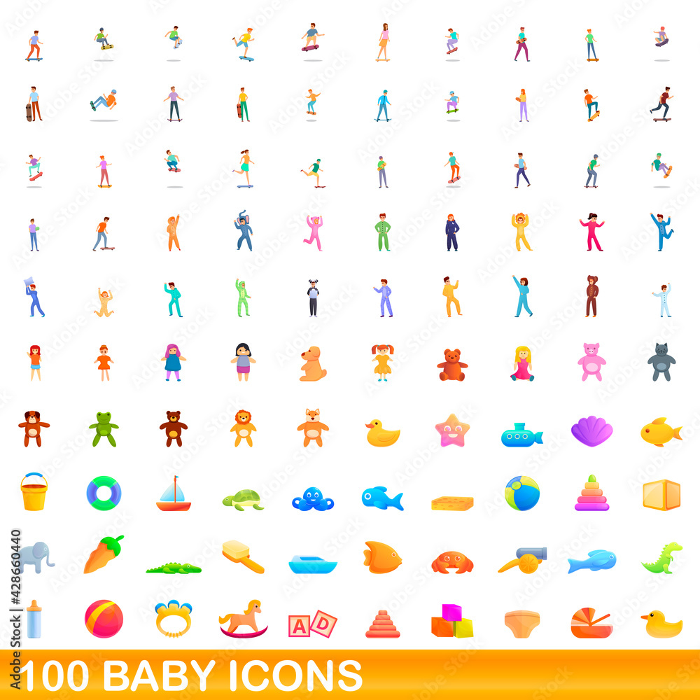 100 baby icons set. Cartoon illustration of 100 baby icons vector set isolated on white background