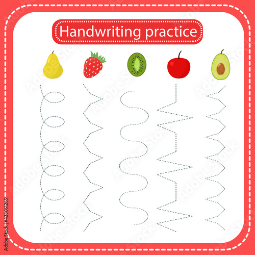 vector illustration of a handwritten practice sheet with fruits. Preparing for school