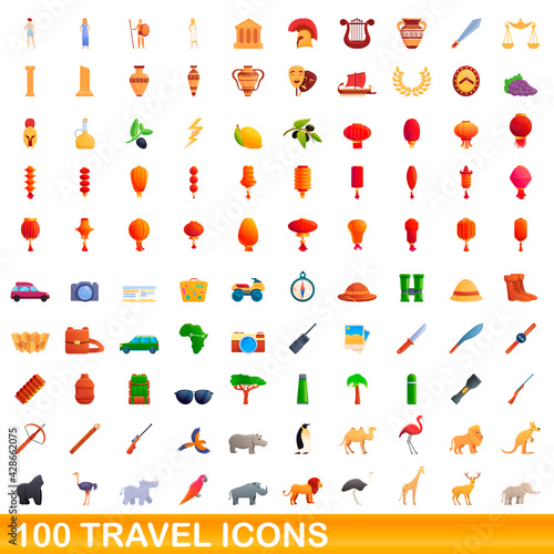 100 travel icons set. Cartoon illustration of 100 travel icons vector set isolated on white background