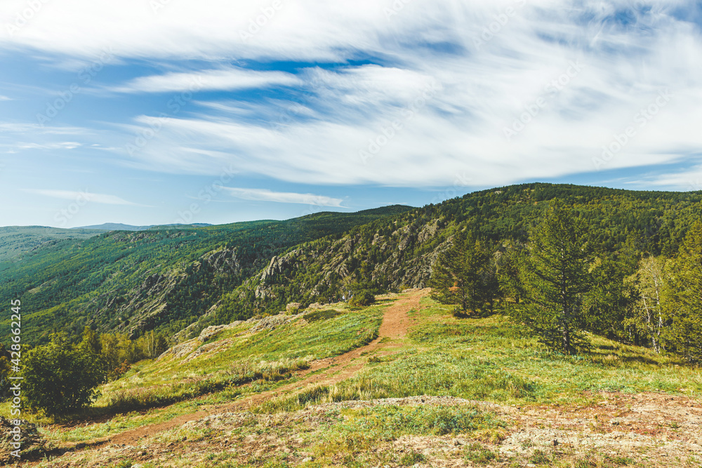 Naklejka premium evergreen fir forest on a hilltop among the mountains of the National Park of the Republic of Bashkortostan on Lake Bannoye