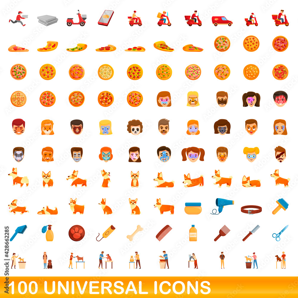 100 universal icons set. Cartoon illustration of 100 universal icons vector set isolated on white background 100 universal icons set. Cartoon illustration of 100 universal icons vector set isolated on white background