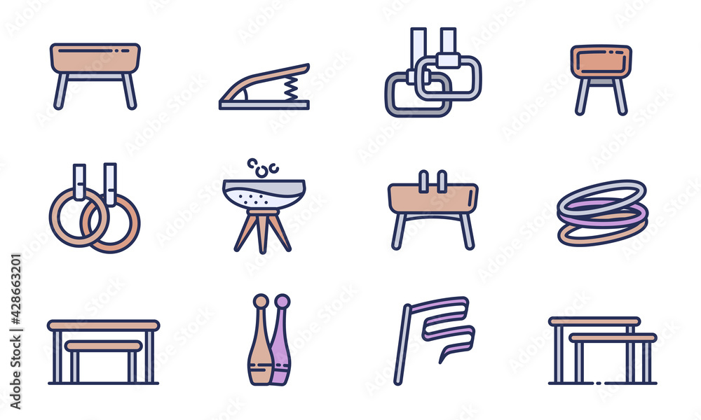 Gymnastics equipment icons set. Outline set of gymnastics equipment vector icons for web design isolated on white background Gymnastics equipment icons set. Outline set of gymnastics equipment vector icons for web design isolated on white background