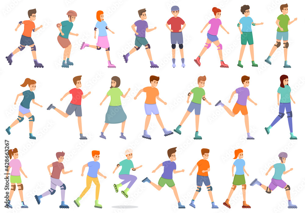 Children rollerblading icons set. Cartoon set of children rollerblading vector icons for web design