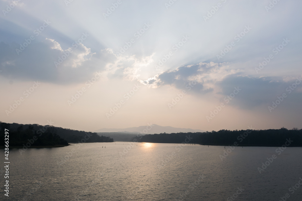 Panoramic landscape view of Chiklihole dam at sunset. The dam is located in Coorg, Karnataka, India