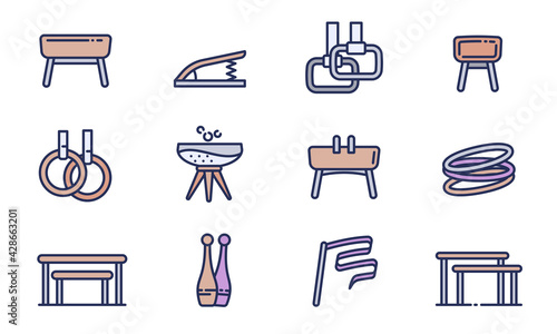 Gymnastics equipment icons set. Outline set of gymnastics equipment vector icons for web design isolated on white background