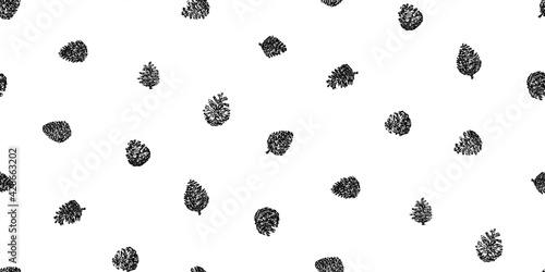 Hand drawn pinecone vector seamless pattern. Linocut pine or fir cone decorative graphic background. Stylized monochrome endless backdrop