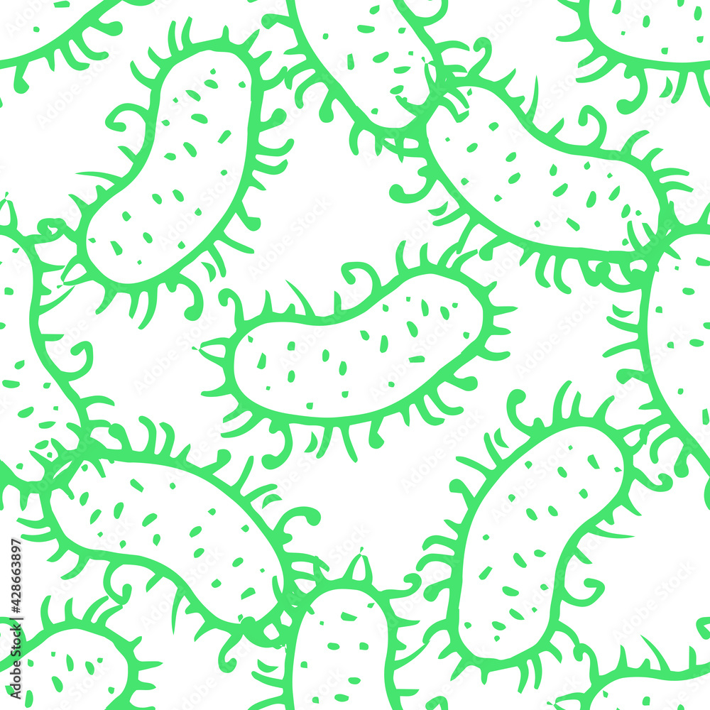 Fototapeta premium Vector seamless pattern of a randomly arranged oval bacterium with short tentacles with swirls drawn by hand with a green line in the style of a doodle on a white background for a design template